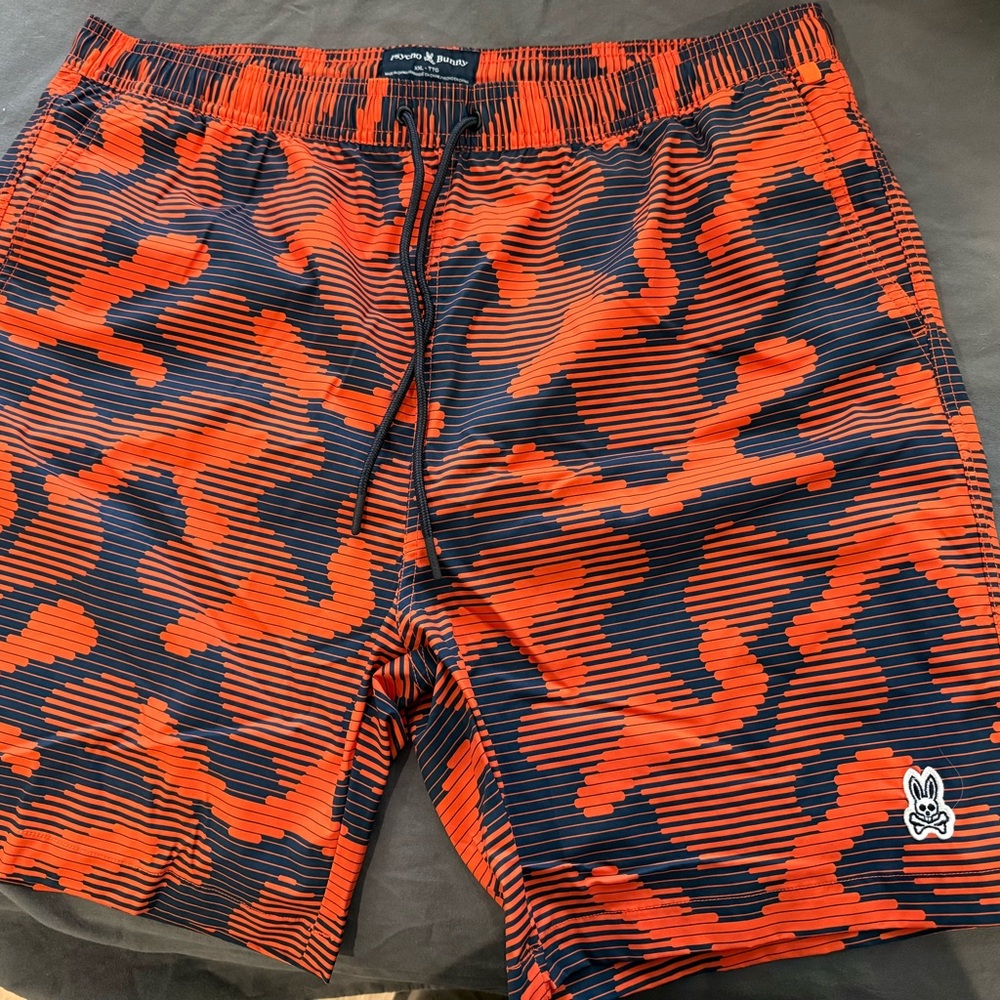 Psycho Bunny Orange and Black Striped Shorts